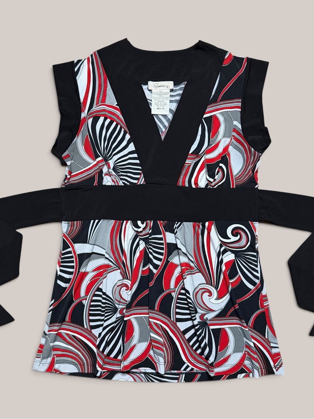 Y2K Speechless black, red, & white swirl pattern babydoll top with back tie